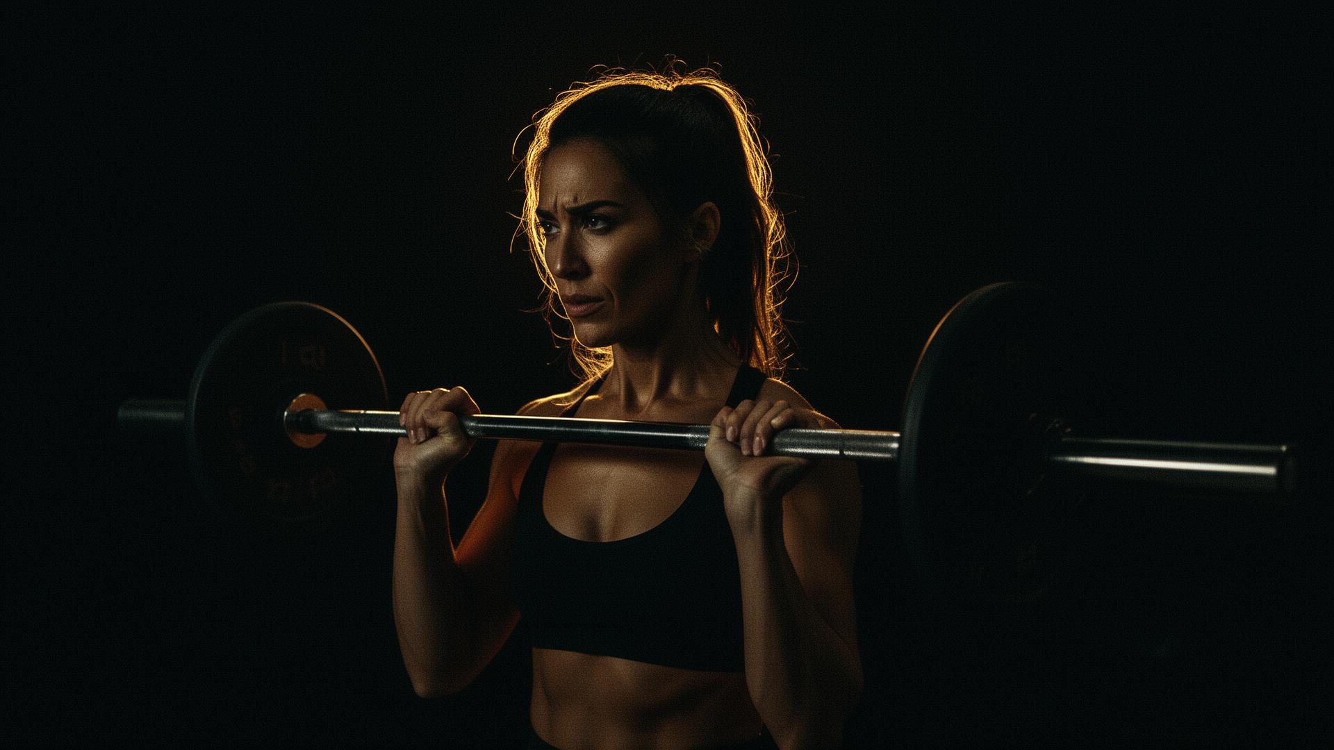 Woman lifting a barbell in a dimly lit gym